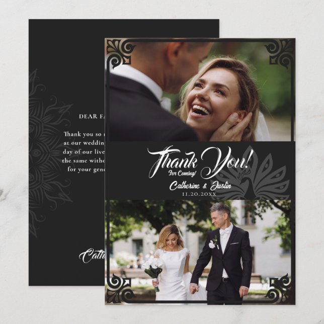 Tarjeta De Agradecimiento Moderno Art Deco Peacock Black 2 Photo Boda (Anverso / Reverso)