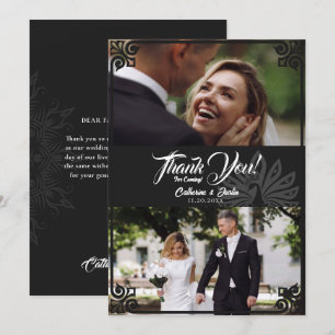 Tarjeta De Agradecimiento Moderno Art Deco Peacock Black 2 Photo Boda