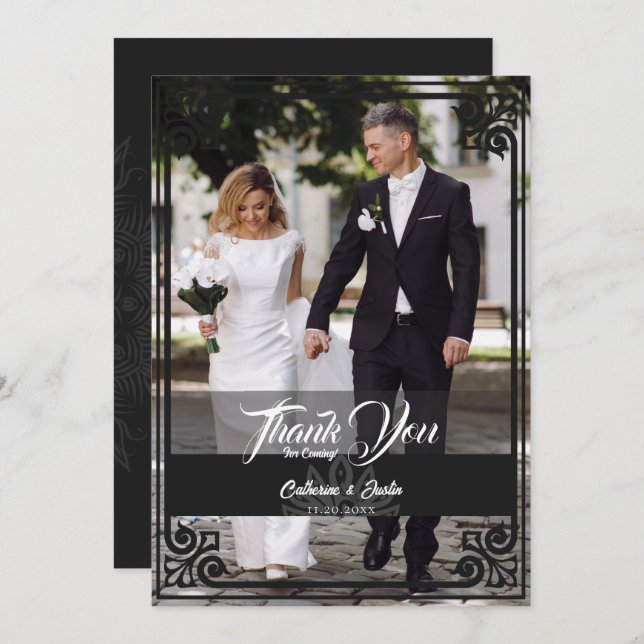 Tarjeta De Agradecimiento Moderno Art Deco Peacock Black White Photo Boda (Anverso / Reverso)