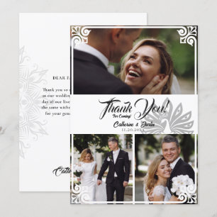Tarjeta De Agradecimiento Moderno Art Deco Peacock Blanco 3 Boda de fotos