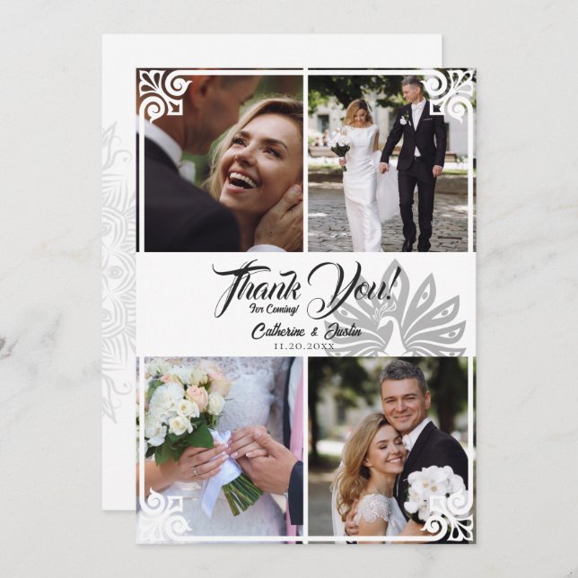 Tarjeta De Agradecimiento Moderno Art Deco Peacock Blanco 4 Boda de fotograf (Anverso / Reverso)