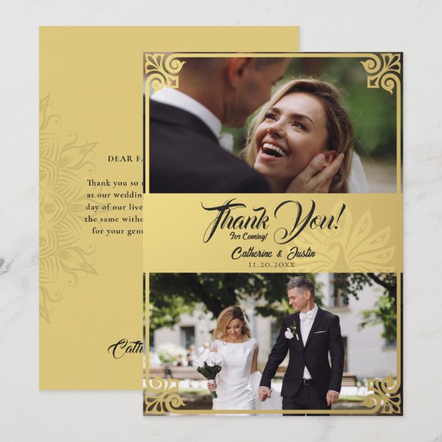 Tarjeta De Agradecimiento Moderno Art Deco Peacock Gold 2 Foto Boda (Anverso / Reverso)