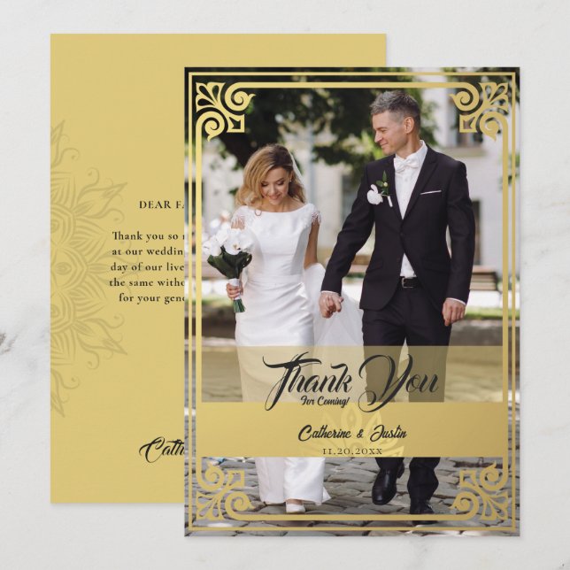 Tarjeta De Agradecimiento Moderno Art Deco Peacock Gold y Boda de fotografía (Anverso / Reverso)