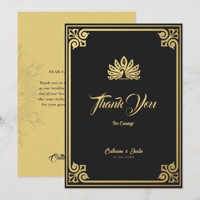 Tarjeta De Agradecimiento Moderno Art Deco Peacock Gold y Boda negro (Anverso / Reverso)