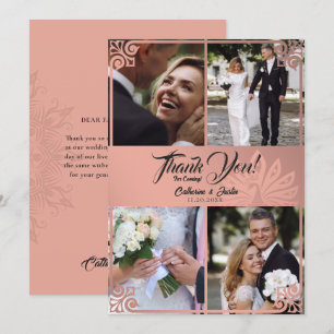 Tarjeta De Agradecimiento Moderno Art Deco Peacock Pink 4 Photo Boda