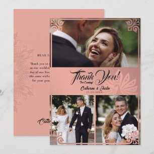 Tarjeta De Agradecimiento Moderno Art Deco Peacock Rosa 3 Boda de fotografía