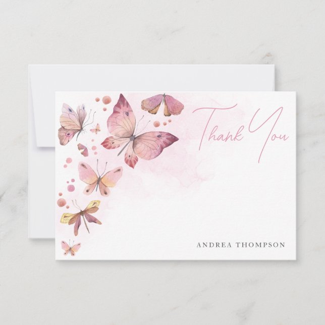 Tarjeta De Agradecimiento Moderno baño rosa mariposas despedida de soltera (Anverso)