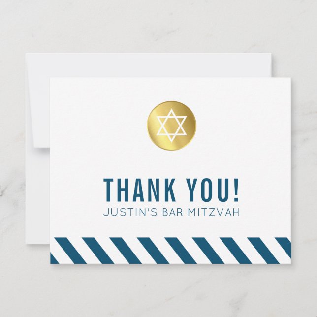 Tarjeta De Agradecimiento MODERNO BAR MITZVAH gracias spot dorado azul blanc (Anverso)