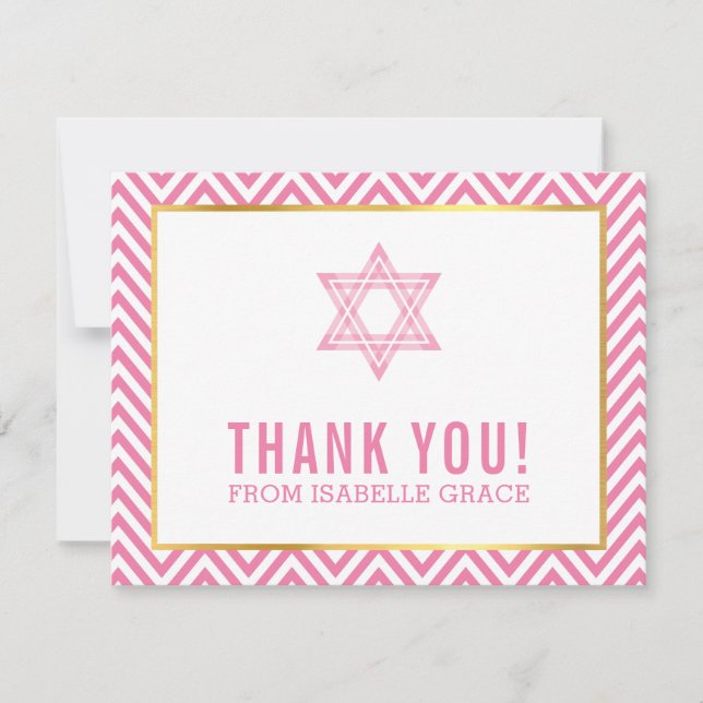 Tarjeta De Agradecimiento MODERNO BAT MITZVAH preppy gracias estrella PINK (Anverso)