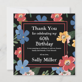 Tarjeta De Agradecimiento Moderno Black Colorful Floral 60th Birthday Party