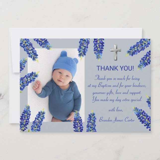 Tarjeta De Agradecimiento Moderno Bluebonnets Dusty Blue Cross Boy Baptism (Anverso)