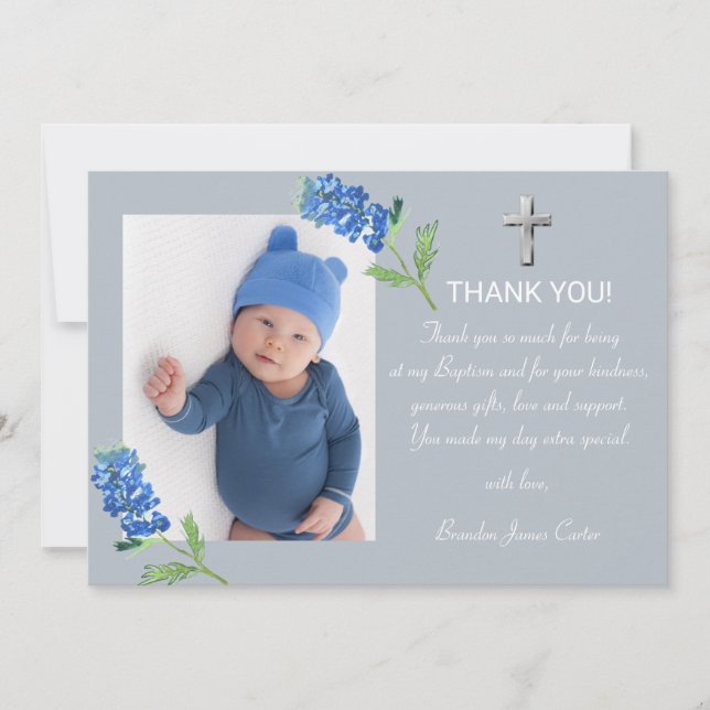Tarjeta De Agradecimiento Moderno Bluebonnets Dusty Blue Cross Boy Baptism (Anverso)