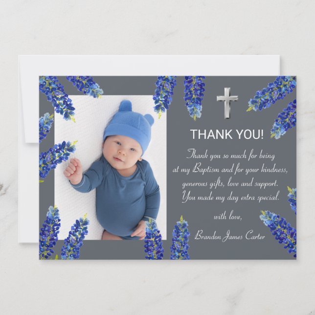 Tarjeta De Agradecimiento Moderno Bluebonnets Dusty Blue Cross Boy Baptism (Anverso)