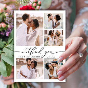 Tarjeta De Agradecimiento Moderno Boda de Collage de fotos elegante Script 6