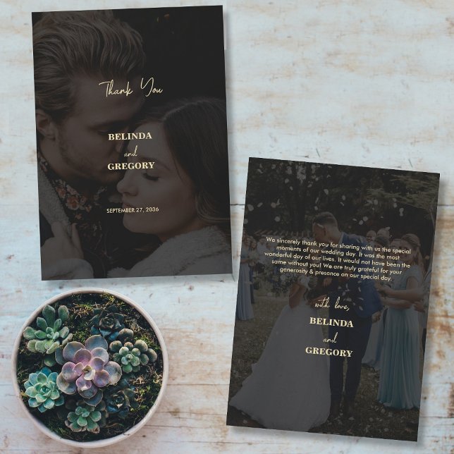 Tarjeta De Agradecimiento Moderno Boda de superposición de fotografía Black  (Modern Black Gold 2 Photo Overlay Wedding Thank You Card)