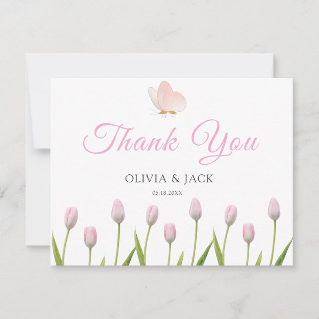 Tarjeta De Agradecimiento Moderno Boda de verano floral y mariposa rosa suav (Anverso)