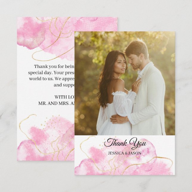 Tarjeta De Agradecimiento Moderno Boda elegante de fotografía rosa y dorada (Anverso / Reverso)