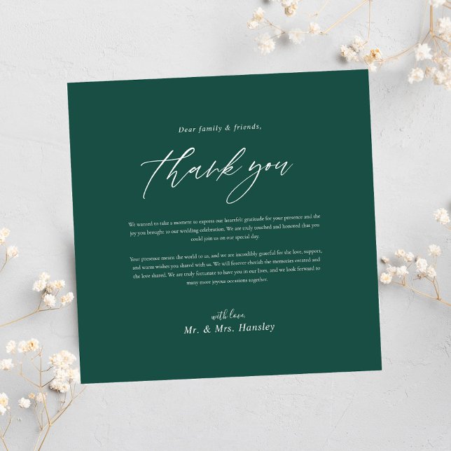 Tarjeta De Agradecimiento Moderno Boda minimalista verde esmeralda (Modern Minimal Emerald Green Wedding Thank You Card)
