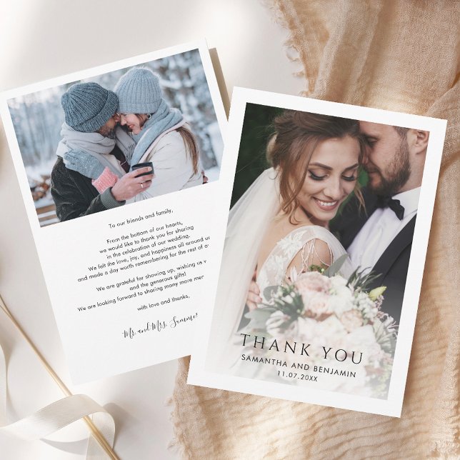Tarjeta De Agradecimiento Moderno Boda simple de 2 fotos (Modern Simple 2 Photos Wedding Thank You Card)