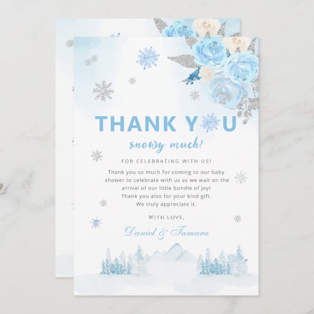 Tarjeta De Agradecimiento Moderno Boho Blue Snowflakes Winter Baby Shower (Anverso / Reverso)