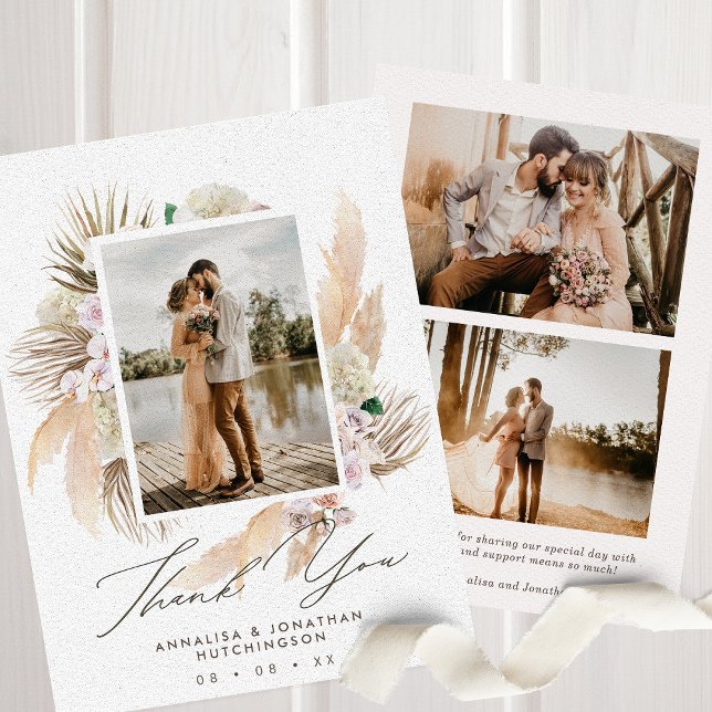 Tarjeta De Agradecimiento Moderno Boho Floral 3 Fotos Boda (Subido por el creador)