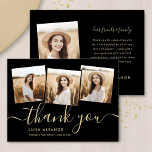 Tarjeta De Agradecimiento Moderno Collage De Graduación De Fotografías De Co<br><div class="desc">Exprese su gratitud con nuestra tarjeta de agradecimiento Black and Gold de Modern 4 Photo Graduation Collage. Con cuatro fotos de graduados en un collage de fotos, esta elegante tarjeta de escritura tipográfica es perfecta para estudiantes de secundaria o universitarios. El diseño minimalista con colores negro y dorado lo convierte...</div>