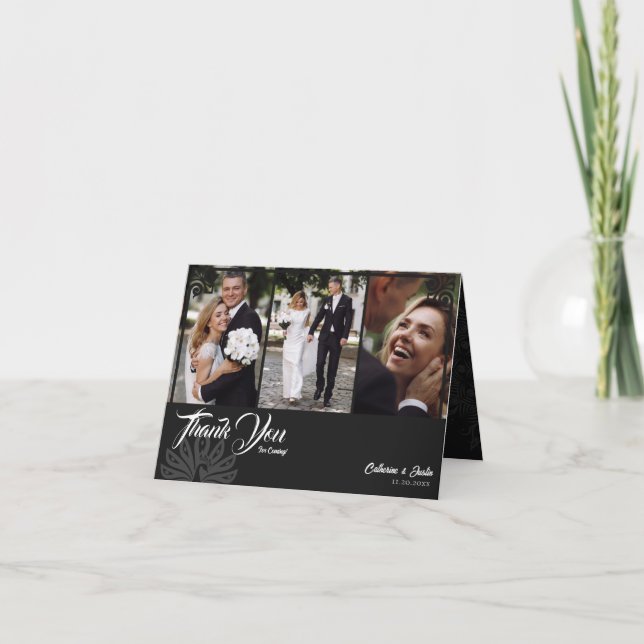 Tarjeta De Agradecimiento Moderno Deco Negro Peacock 3 Boda de fotografía do (Anverso)