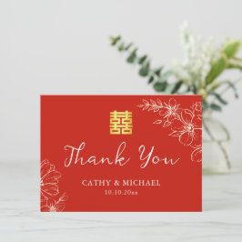 Tarjeta De Agradecimiento Moderno elegante guión floral de boda chino rojo