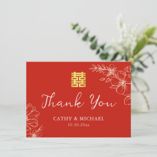 Tarjeta De Agradecimiento Moderno elegante guión floral de boda chino rojo
