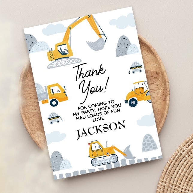 Tarjeta De Agradecimiento Moderno Escarbar Algo Divertido Cumpleaños De La C (Boys Construction Birthday Thank You Card, Yellow Grey Construction Themed Birthday Thank You Card)