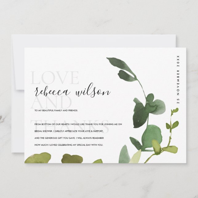 Tarjeta De Agradecimiento Moderno Eucalipto Verde Foliage Bridal Shower (Anverso)