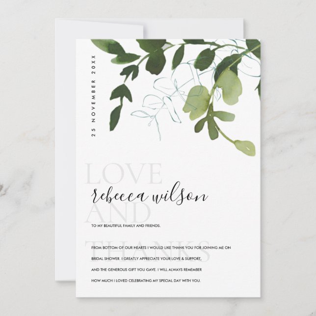 Tarjeta De Agradecimiento Moderno Eucalipto Verde Foliage Bridal Shower (Anverso)