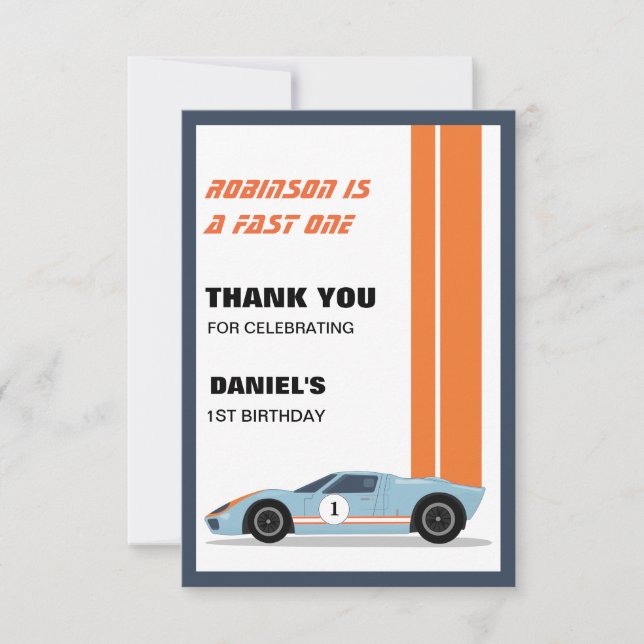 Tarjeta De Agradecimiento Moderno Fast One Race Car Boy Primer Cumpleaños (Anverso)