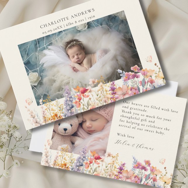 Tarjeta De Agradecimiento Moderno, Flor silvestre, 2 Foto Gracias por el nue (Modern, Wildflower, 2 Photo New Baby Thank You Card. Gender neutral, for Baby Girl & Baby Boy.)