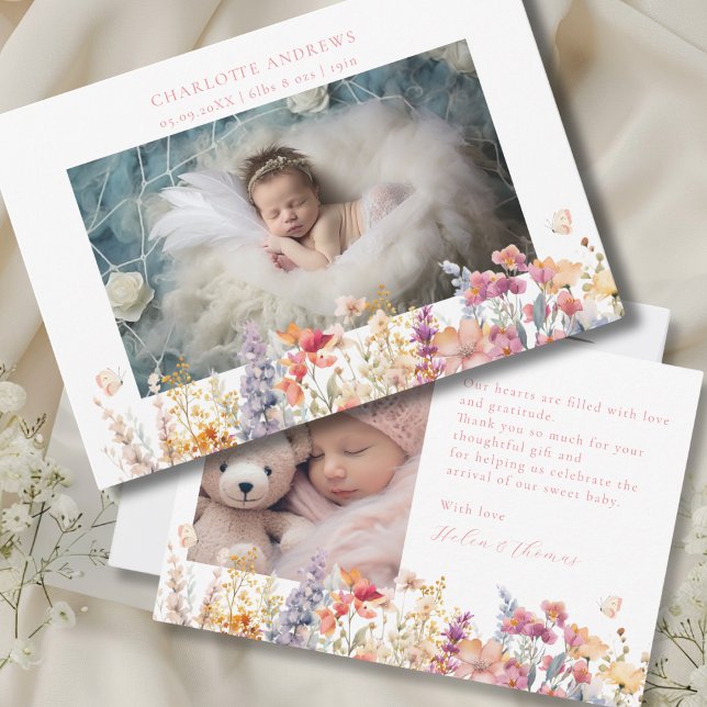 Tarjeta De Agradecimiento Moderno, Flor silvestre, 2 Recién nacido de fotos  (Modern, Wildflower, 2 Photo New Baby Thank You Card. , For Baby Girl.)