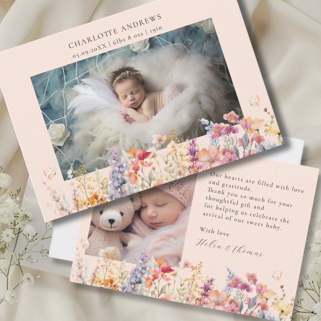 Tarjeta De Agradecimiento Moderno, Flor silvestre, 2 Recién nacido de fotos  (Modern, Wildflower, 2 Photo New Baby Thank You Card. For Baby Girl.)