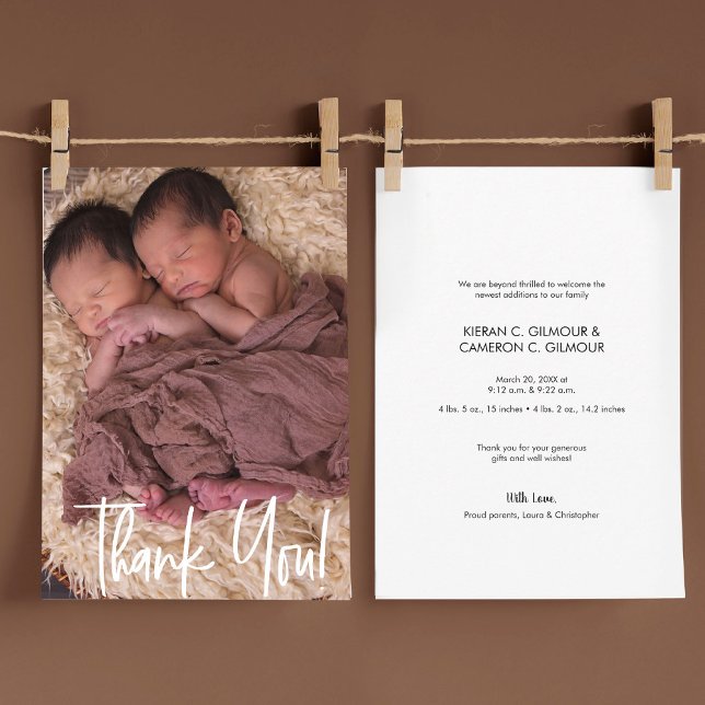 Tarjeta De Agradecimiento Moderno Gracias a Twin Baby Photo Personalizado (modern baby twins photo announcement thank you cards)