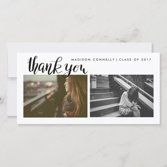 Tarjeta De Agradecimiento Moderno gracias foto graduada manuscrita (Anverso)