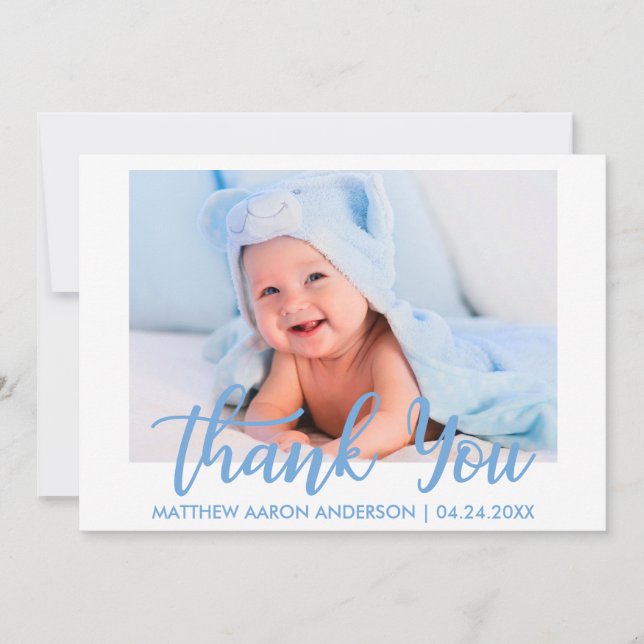 Tarjeta De Agradecimiento Moderno gracias las rayas azules del muchacho de (Anverso)