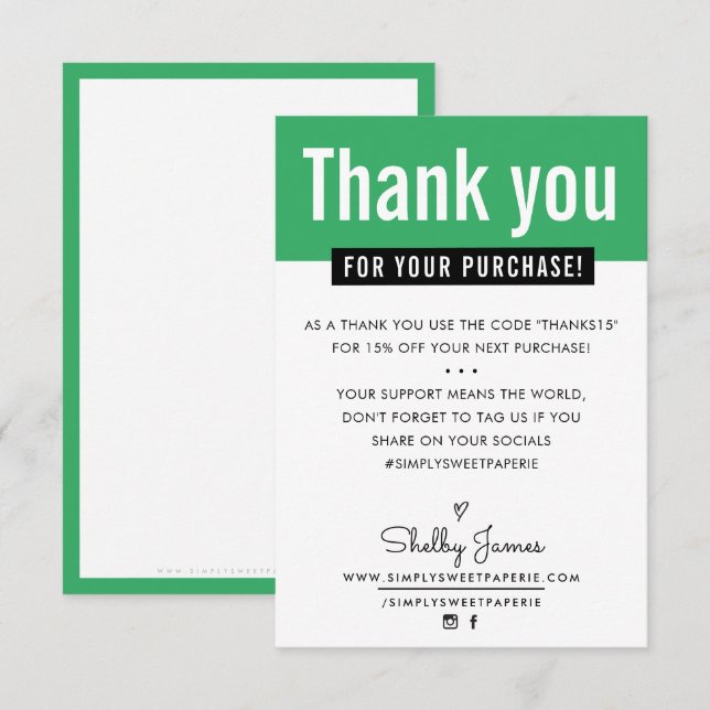 Tarjeta De Agradecimiento MODERNO GRACIAS POR COMPRAR insertar kelly green (Anverso / Reverso)