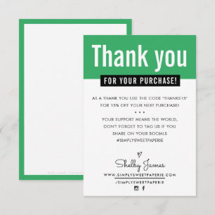 Tarjeta De Agradecimiento MODERNO GRACIAS POR COMPRAR insertar kelly green