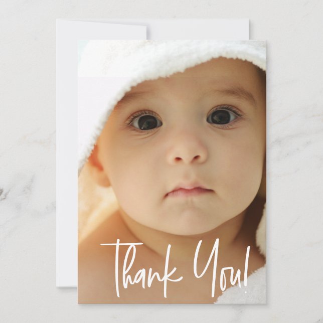 Tarjeta De Agradecimiento Moderno Gracias Script vertical Photo Baby Boy (Anverso)