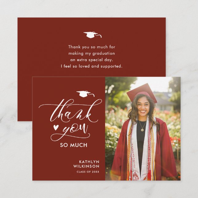 Tarjeta De Agradecimiento Moderno Guión Rojo Elegante Foto Graduación Simple (Anverso / Reverso)
