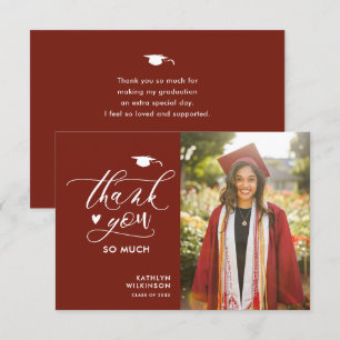 Tarjeta De Agradecimiento Moderno Guión Rojo Elegante Foto Graduación Simple
