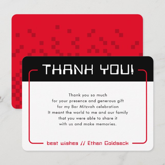 Tarjeta De Agradecimiento MODERNO JUEGO GRACIAS Bar Mitzvah fresco rojo negr (Anverso / Reverso)