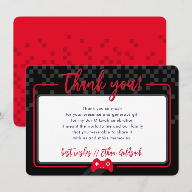 Tarjeta De Agradecimiento MODERNO JUEGO GRACIAS Bar Mitzvah rojo negro (Anverso / Reverso)