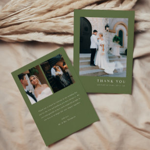 Tarjeta De Agradecimiento Moderno Minimalista Verde Oliva 3-Fotos Boda Perso