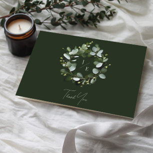 Tarjeta De Agradecimiento Moderno Monograma Eucalyptus Wreath   Verde oscuro