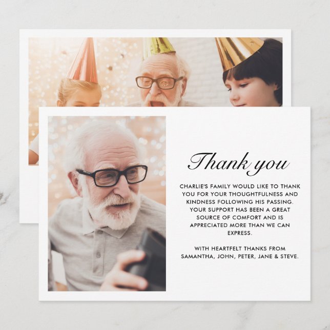 Tarjeta De Agradecimiento Moderno Negro 2-Foto Elegante Escritura Funeral (Anverso / Reverso)