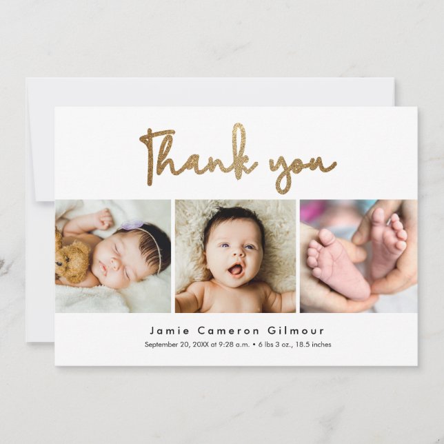 Tarjeta De Agradecimiento Moderno Personalizado Gold Script 3 fotos Baby Sho (Anverso)